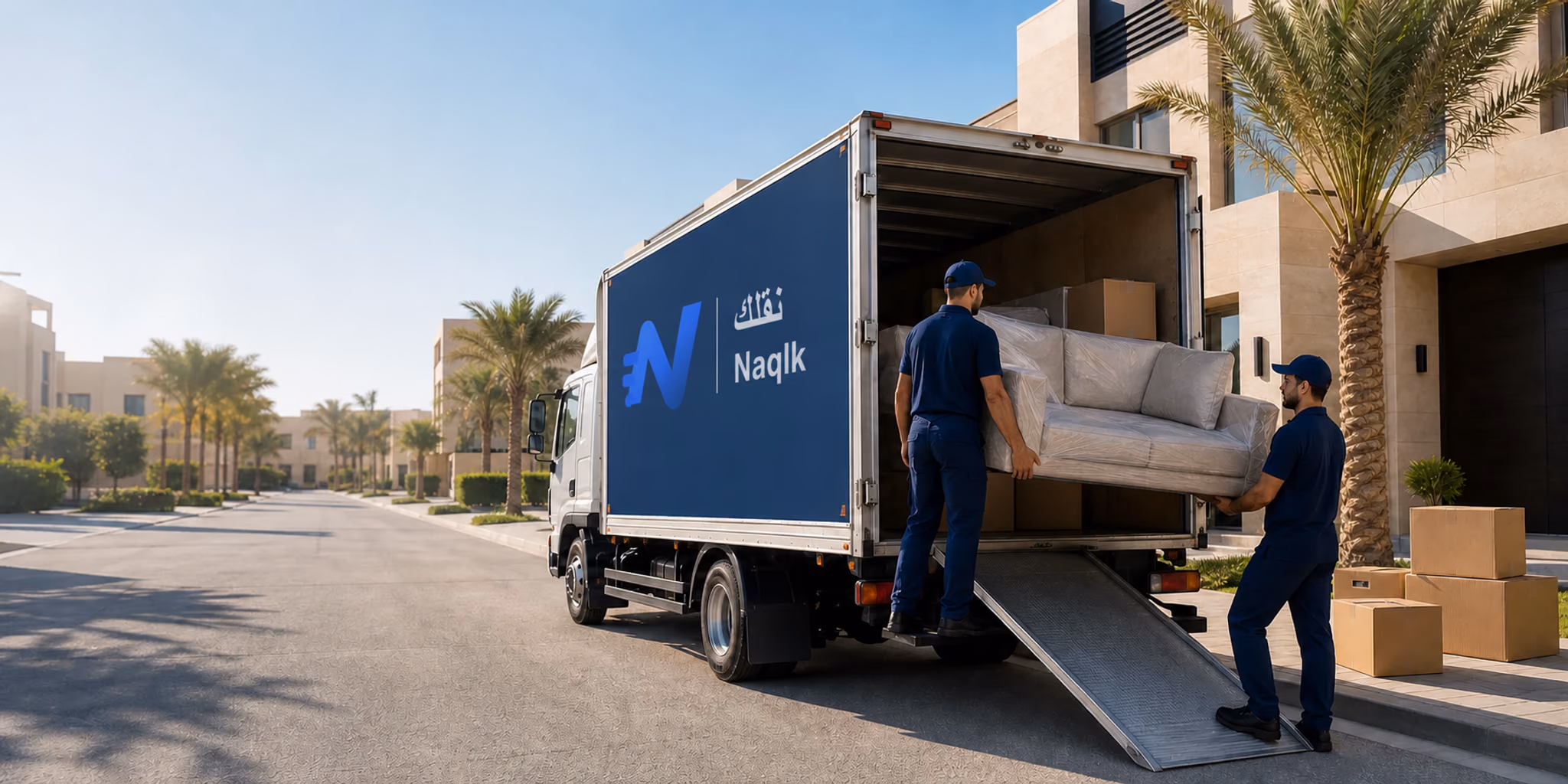 فريق نقل يحمّل الأثاث في شاحنة نقلك داخل الرياض